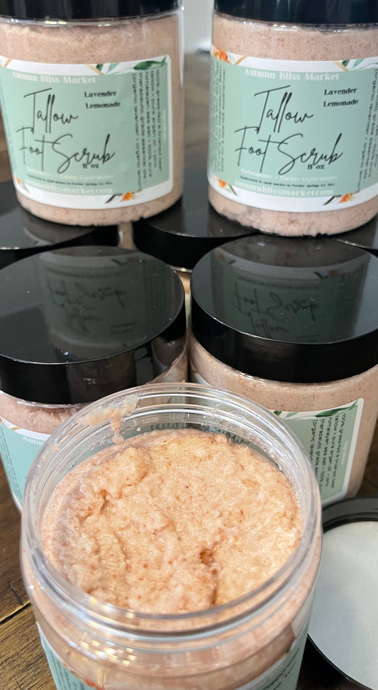 Jars of Tallow Foot Scrub showing the content of the product.