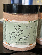 Jars of Tallow Foot Scrub with labels indicating the product is an organic foot scrub.