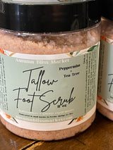 Jar of Tallow Foot Scrub with labels indicating the product is an organic foot scrub.