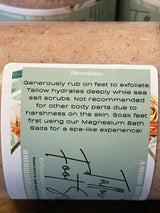 Jar of Tallow foot scrub indicating the directions to use of the product.
