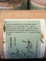 Jar of Tallow foot scrub showing the ingredients of the product.