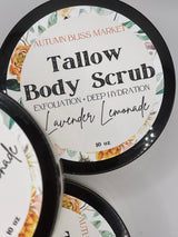 A container of Tallow Body Scrub by Autumn Bliss Market with 'Lavender Lemonade' labeled on it, indicating the scent of the product.