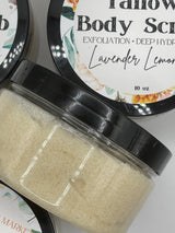 A container of Tallow Body Scrub by Autumn Bliss Market with 'Lavender Lemonade' labeled on it, indicating the scent of the product, showing the content of the product.