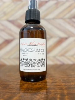 Bottle of Magnesium Oil Spray placed on a wooden surface.