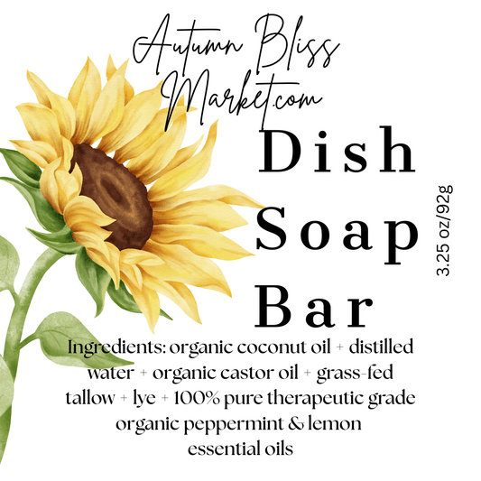 Dish soap bar label with sunflower design and product details.