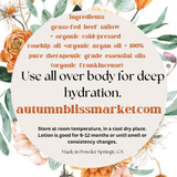 Tallow Skin + Face Lotion label showing the ingredients and the directions to use.