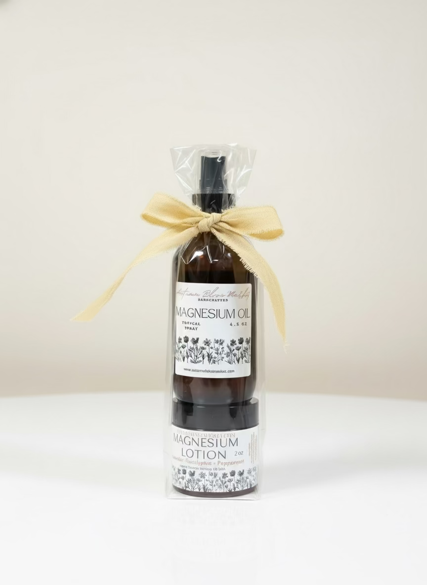 Bottle of magnesium lotion with a decorative bow on a white background