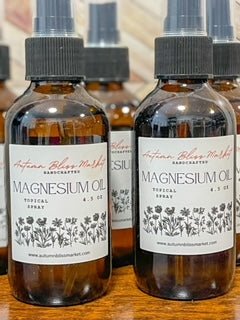 Bottles of Magnesium Oil Spray placed on a wooden surface.